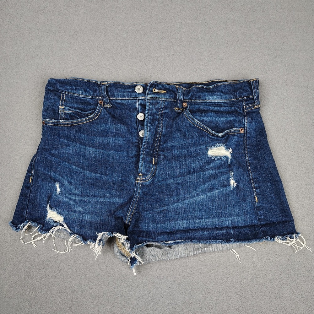Old Navy Sky Hi Higher High Rise Denim Shorts Women 12 Dark Blue Cutoff Fray Hem